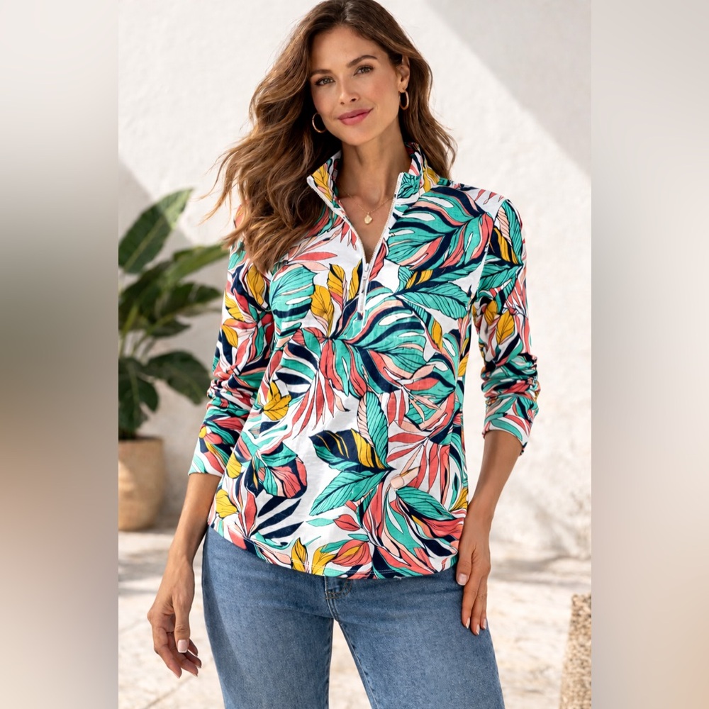 T by Talbots Tropical Leaf Print Half Zip Pullover Top Size L UPF 50+
